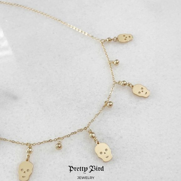 18K Yellow Gold Plated Skull Charm Choker Necklace - 17.5" - Picture 2 of 4